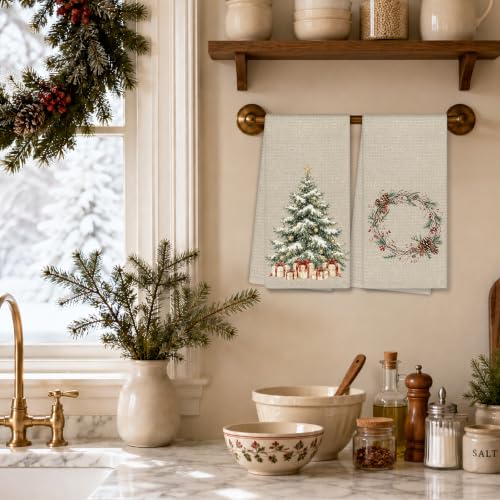 EGBTL Christmas Tree2 Wreath Kitchen Towels 16x24in Set of 2 - Rustic Snowy Holiday Dish Towels