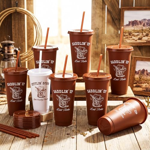 Potchen Western Bridal Xmas Cups Bulk with Lids & Straws, 12 Pcs, Brown / White