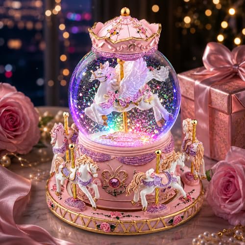 Unicorn Carousel Snow Globe Music Box, Rotating Musical Keepsake Gift