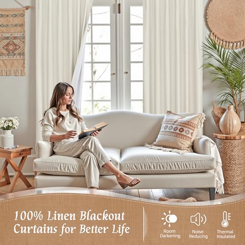 100% Blackout Linen Textured Thermal Curtains - 52x63 In, Set of 2 (Ivory)