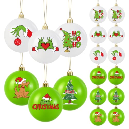 12-Pack White & Green Christmas Ornaments 2.36in - Pre-Assembled Plastic Balls