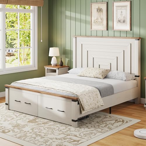 2-Piece Rustic Farmhouse Queen Bed Frame and 5-Drawer Dresser Set