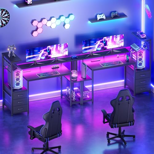 48" Gaming Desk with LED Lights, Power Outlets, Storage Drawers & Monitor Stand