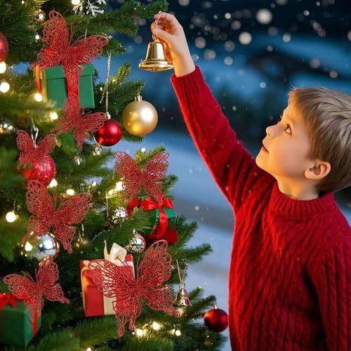 Red 3D Glitter Butterfly Christmas Tree Ornaments - 12-Pack 5-inch Decor