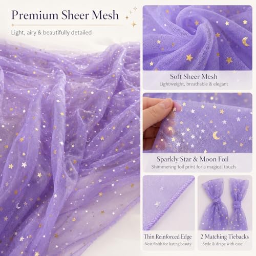 Purple Star Moon Bed Canopy for Kids Room, Sheer Tulle Drape 60x158 Inches