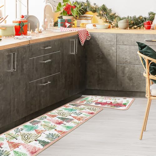 Boho Christmas Kitchen Rugs 2-Piece Set - Forest Trees 17x29 & 17x47 Inches, Colorful Boho Holiday mats