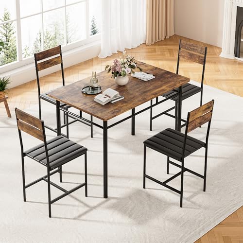 5-Piece Industrial Dining Table Set with 4 Upholstered Chairs, Rustic Brown