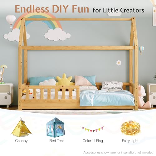 Solid Wood Twin House Bed for Kids with Guardrails and Playhouse Roof