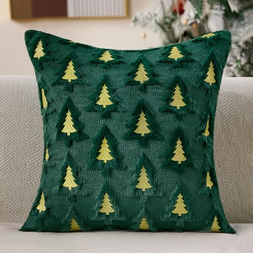 Christmas Pillow Covers 18x18 Set of 2 Green Double Xmas Tree Pillow Covers Soft Plush Faux Fur Christmas Decorations for Xmas Winter Holiday Home Bedroom Sofa Cushion Cases PT-008A18