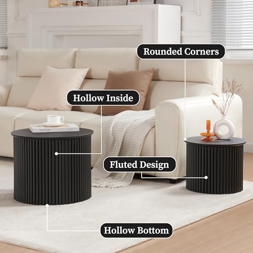 Fluted Round Nesting Coffee Table Set of 2, Modern Wood Accent Tables