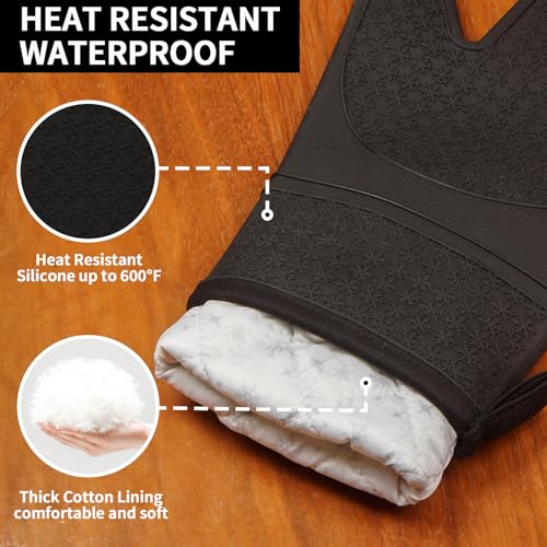 Silicone Oven Mitts - 11.6" Heat Resistant Baking Gloves with Cotton Lining