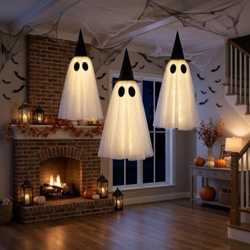 Outdoor Halloween Hanging Ghost Lights with Remote - Set of 3 LED Witch Decor