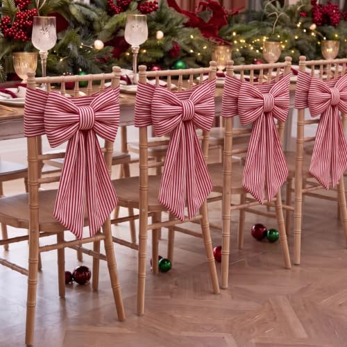 Fanfanwin Christmas Chair Covers Set with Bows - Red & White Stripe Velvet Decor for Dining Chairs