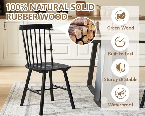 Windsor Dining Chairs Set of 6, Solid Wood Spindle Back Kitchen Chairs, Black