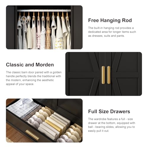 Modern Farmhouse Metal Wardrobe Closet with Hanging Rod and Drawer