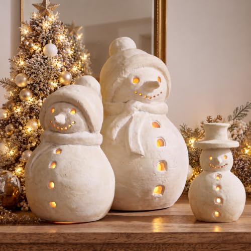 Yungyan 3 Pcs Terracotta Christmas Snowman Figurines with Rustic LED Lighted - Variation: Snowman