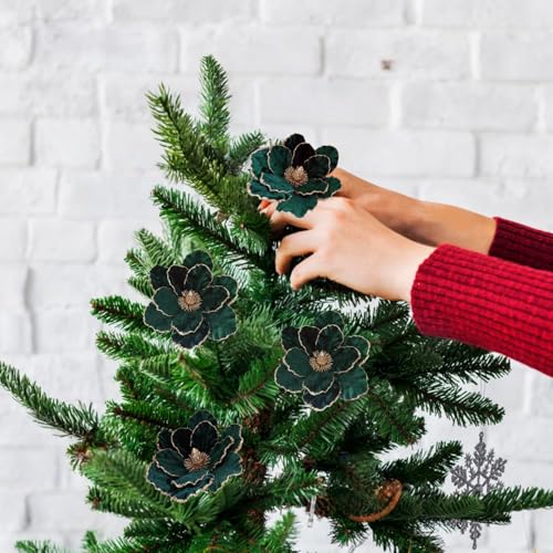 12 Pcs Velvet Poinsettia Flowers Ornaments for Christmas Tree - Dark Green, 8.8 Inch