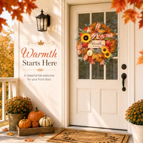 22-Inch Lighted Fall Wreath with Pumpkin, Sunflowers and Removable Sign