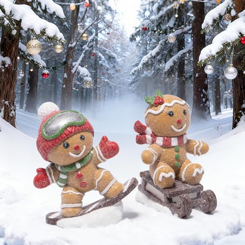 Hodao Christmas Gingerbread Ski & Sled Figurines Set - Indoor Holiday Decor, 2 Pieces