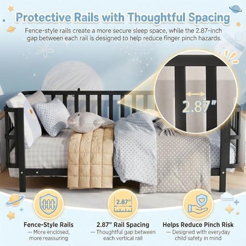 Twin Kids Bed Frame with Removable Safety Rails, Low Profile Montessori Bed
