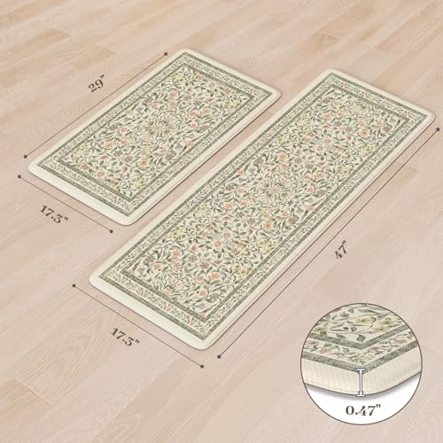 Anti-Fatigue Kitchen Mat Set, Boho Floral Cushioned Floor Rugs - 2 Piece