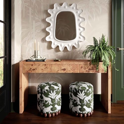 Olive Green Leopard Jacquard Ottoman with Spherical Wood Base