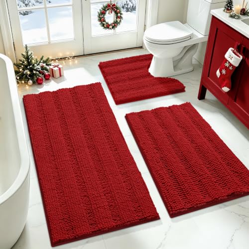 ACCUMTEK Red Christmas Striped Bathroom Rug Set 3 Pieces, Thick Chenille Non-Slip Mats, 2'8"x1'8" + 2'x1'5" U-Shape