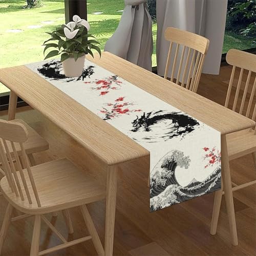 Drapeloft 13"x36" Dragon Red Plum Sea Wave Table Runner - Japanese Dragon Pattern