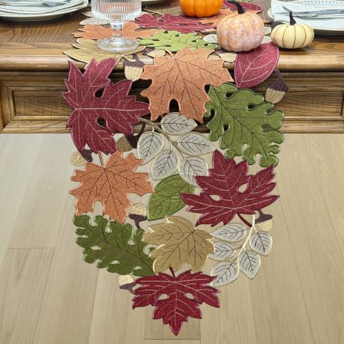 KEVA Fall 13x90 Inch Table Runner with Embroidered Maple Leaves for Thanksgiving & Autumn Decor