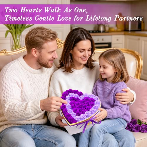 Eluvian Forever Flowers Purple Roses Two Heart-Shaped Box Gift for Women - Anniversary, Valentine's, Wedding