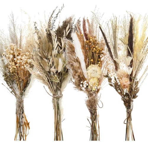 4-Pack Large Boho Dried Flower Bouquets, 15-17 Inch Natural Floral Decor