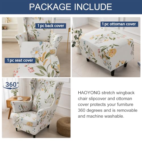 Stretch Wing Chair Cover Set with Ottoman - 3 Piece Slipcover