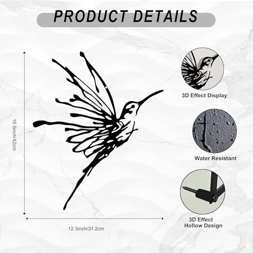 3D Metal Hummingbird Wall Art - Weatherproof Black Outdoor Garden Decor