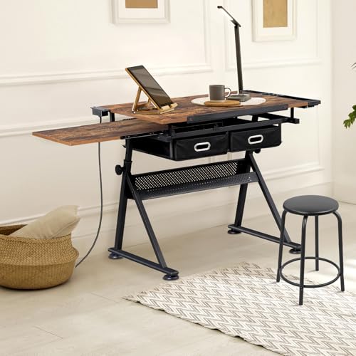 Adjustable Drafting Table with Stool, Tilting Art Desk with Storage Drawers