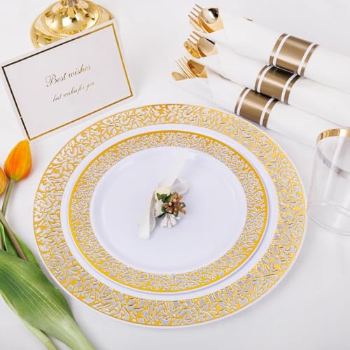 White Gold Disposable Dinnerware Set for 50 Guests - Elegant Plastic Plates and Silverware
