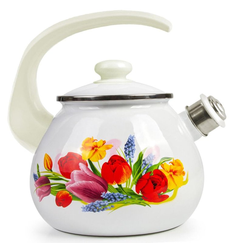 Enamel Kettle with Whistle 2.7 Qt (2.5 L) Stovetop Kettle with Ergonomic Handle, Enameled Steel Tea Pot for Stove Top, Vintage Kitchen Tea Kettle, Dishwasher and Induction Safe (Spring Bouquet)