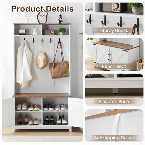 38-Inch Farmhouse Hall Tree with Bench, Shoe Storage, and Coat Rack