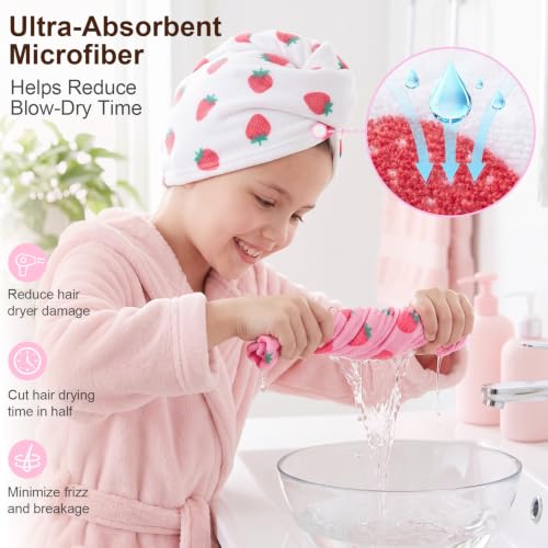 Kids Microfiber Hair Towel Wrap 2Pack Pink White Strawberry - Fast Dry Turban for Girls