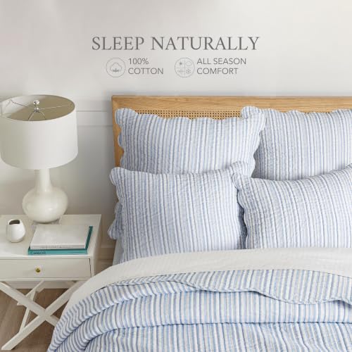 Reversible Blue Stripe Queen Bedspread Set with Pillow Shams