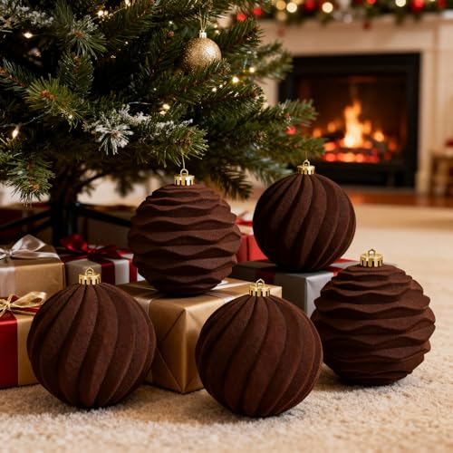 Artmag 2 Pack Brown 6-Inch Velvet Christmas Tree Ornaments, Flocked, Shatterproof Holiday Decor
