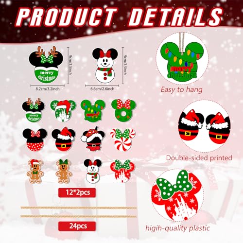 Mouse Christmas Ornaments Hanging Decorations – 24 Pcs Double-Sided Tree Ornaments