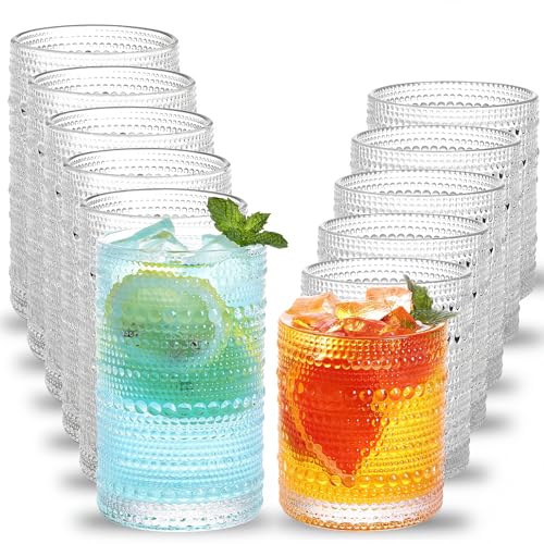 Set of 12 Vintage Hobnail Drinking Glasses, 10 Oz & 12 Oz Embossed Tumblers