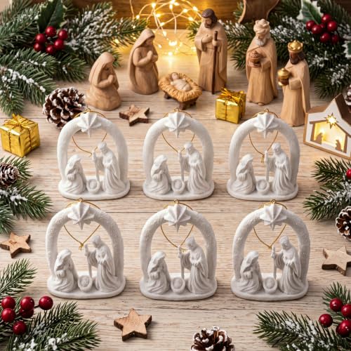 Nativity Scene Christmas Ornaments Set - Holy Family Religious Decor, Snowy Finish, 6-Pack