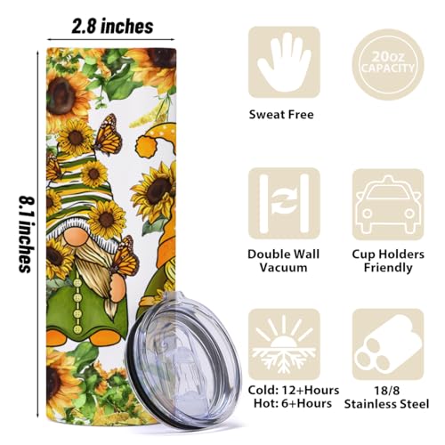 BQXH 20 oz Slim Tumbler with Sunflower Gnome Gift - Multi573