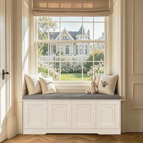 47-inch Shoe Storage Bench with Cushion and Door, White Entryway Cabinet