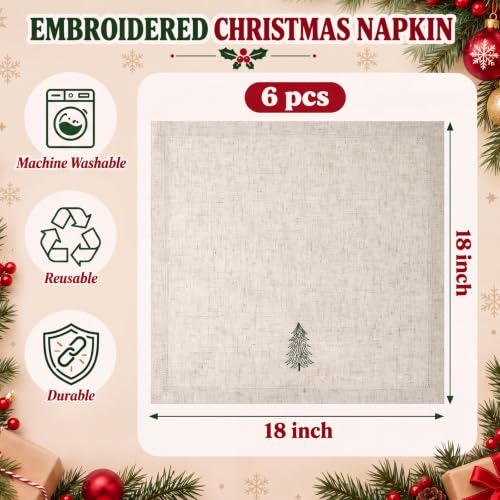 Christmas Tree Embroidered Linen Napkins Set of 6 18x18'' Rustic Holiday Decor Xmas