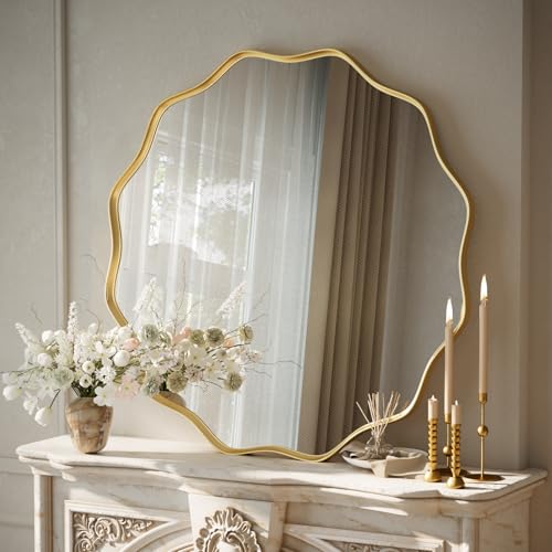 30-Inch Gold Scalloped Round Wall Mirror, Wavy Edge Decorative Metal Mirror