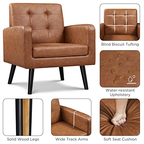 Mid-Century Faux Leather Accent Chairs, Set of 2, Brown Upholstered Armchairs