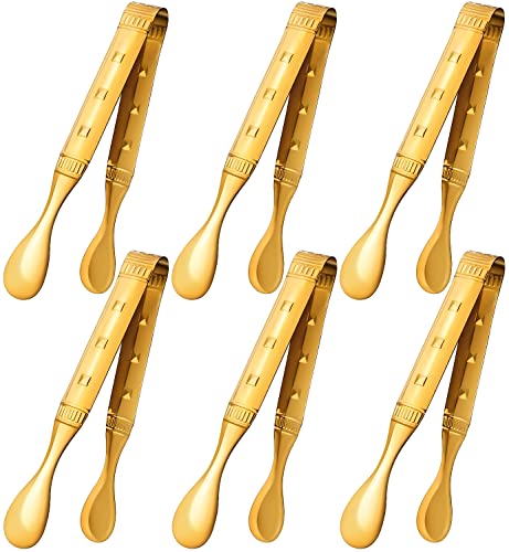 Gold Mini Tongs 6 Inch Food-Grade Stainless Steel for Appetizers, Ice & Sugar - 6 Pack