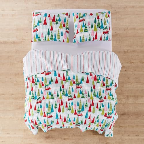 Levtex Home Merry & Bright Holly Jolly Quilt Full/Queen, 86x86in, Reversible Red/Green/Teal